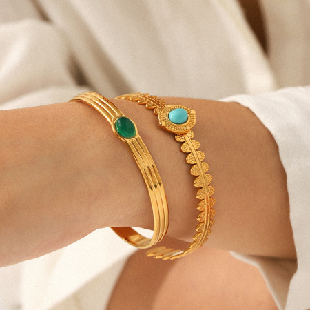 Bracelet manchette rétro en acier inoxydable étanche couleur or avec pierre naturelle (1 pièce) 2
