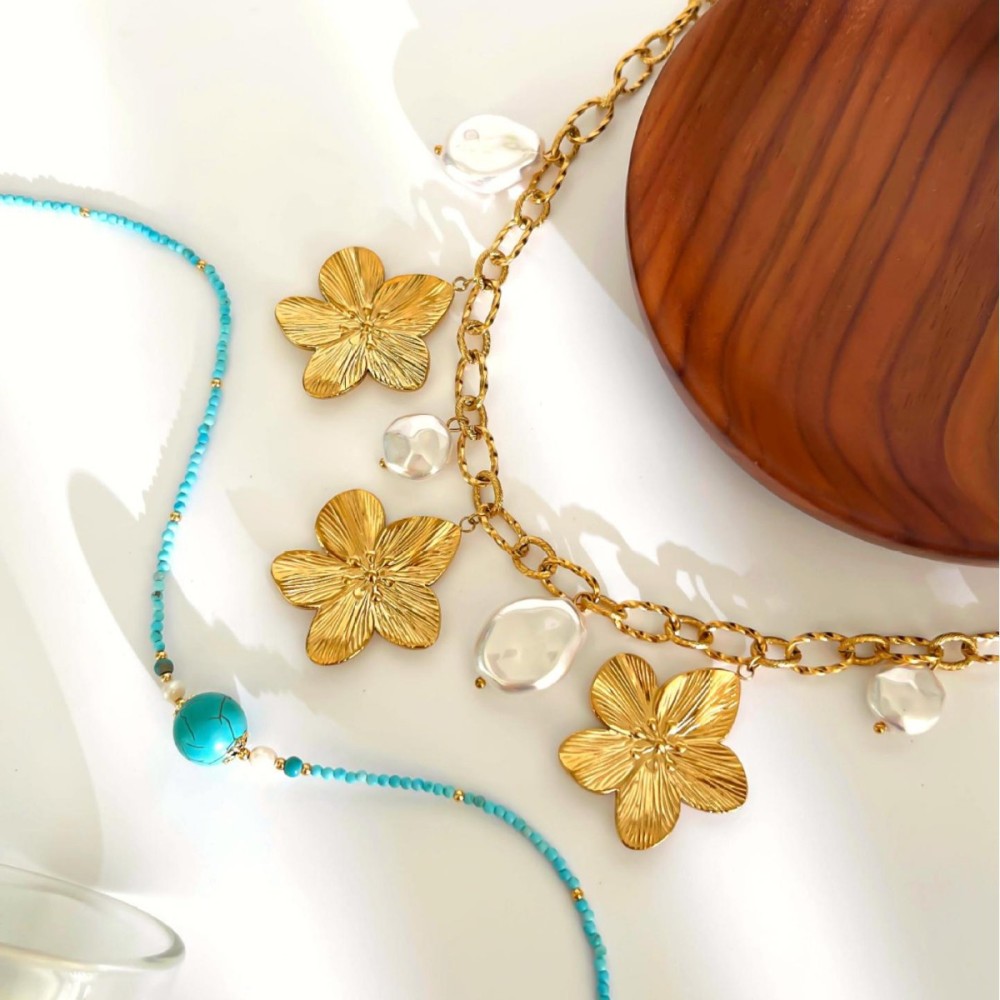 Collier Pendentif En Acier Inoxydable Imperméable Avec Pierre Naturelle Et Fleur (1 Pièce) h5Image5