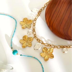 Collier Pendentif En Acier Inoxydable Imperméable Avec Pierre Naturelle Et Fleur (1 Pièce) h5 Image5