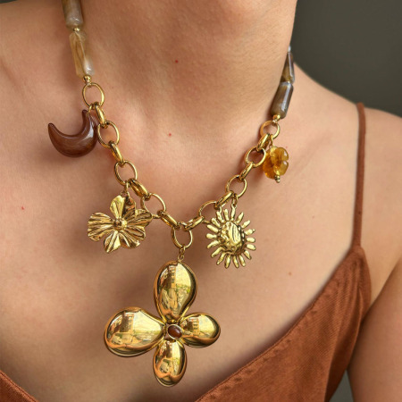 Collier pendentif en résine en forme de fleur, soleil et lune, 1 pièce