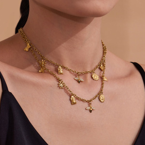Collier Pendentif Femme Luxueux En Acier Inoxydable, Couleur Or, Motif Fleur Et Abeille, Étanche (1 Pièce) h5 Image3