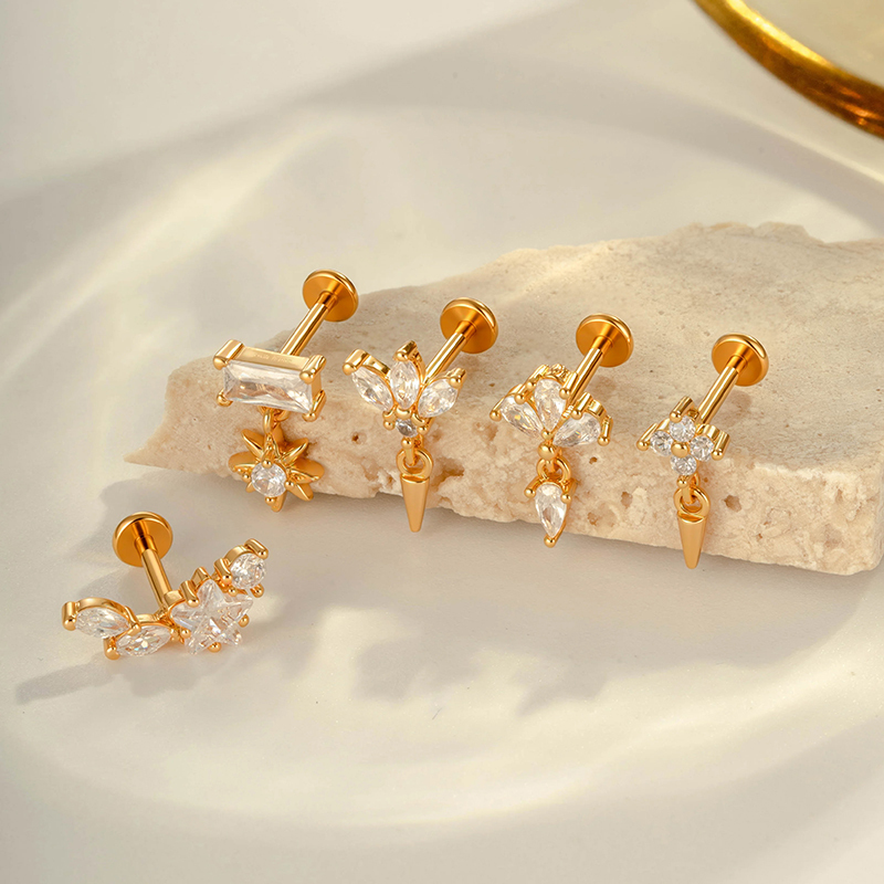 Boucles D'Oreilles Perçantes Pour Femmes, 1 Pièce, Motif Géométrique, Alliage De Cuivre Et De Titane, Couleur Or, Zircone Image4