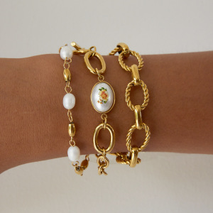 Bracelet Chaîne Rétro À Fleurs En Acier Inoxydable Étanche Couleur Or Pour Femme (1 Pièce) h5 Image2