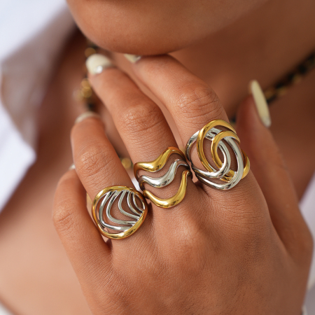 Bague femme en acier inoxydable imperméable, tissée, couleur or et argent.