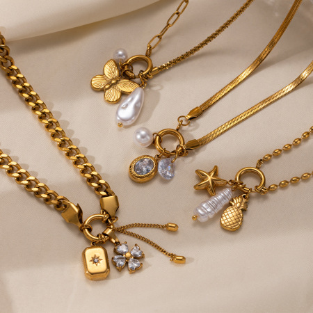 Collier pendentif papillon et fleur en acier inoxydable étanche couleur or (1 pièce) 2