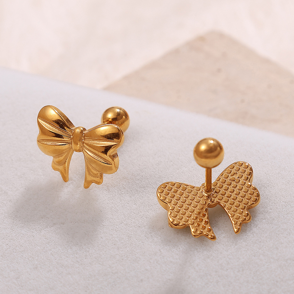 1 Paire De Boucles D'Oreilles Piercing En Acier Inoxydable Doré, Étanches, Avec Nœud Papillon Et Strass. Image3