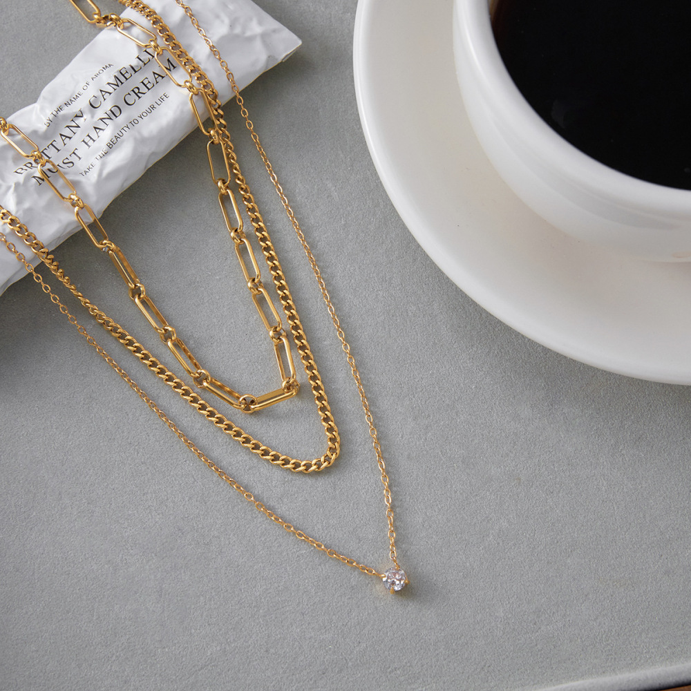 Collier À Plusieurs Rangs Pour Femme, En Acier Inoxydable Doré, Orné D'Un Zircon Et D'Un Cercle Simple (1 Pièce) Image4