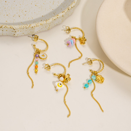 Boucles d'oreilles pendantes pour femme, en acier inoxydable, imperméables, avec pompons longs et cœur fleuri.