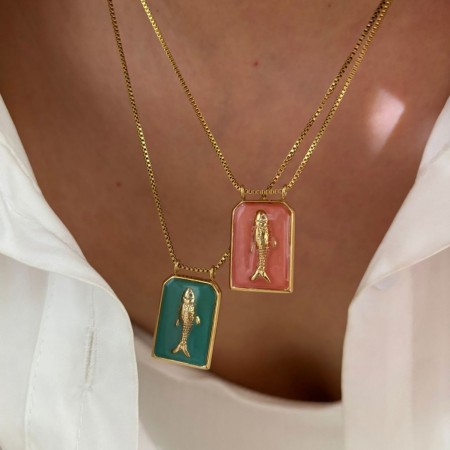 Collier pendentif en acier inoxydable, émail doré, 1 pièce, en forme de poisson 2