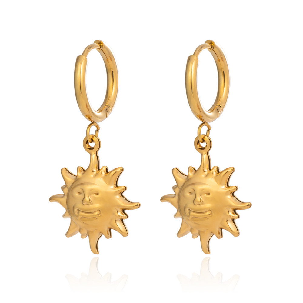 1 Paire De Boucles D'Oreilles Pendantes En Acier Inoxydable Doré, Étanches, Avec Motif Soleil Souriant Image6