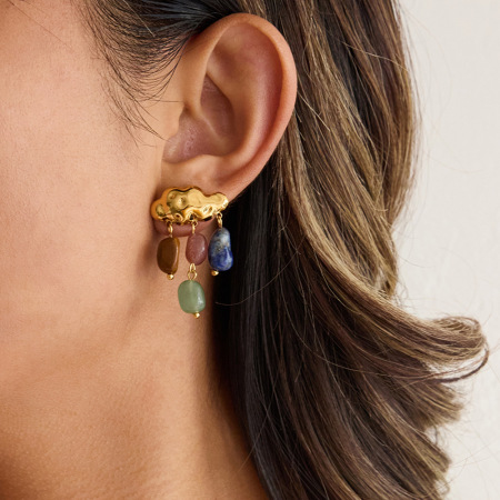 Boucles d'oreilles pendantes pour femme, en acier inoxydable doré, ornées d'une pierre naturelle et d'un motif nuage. 1 paire
