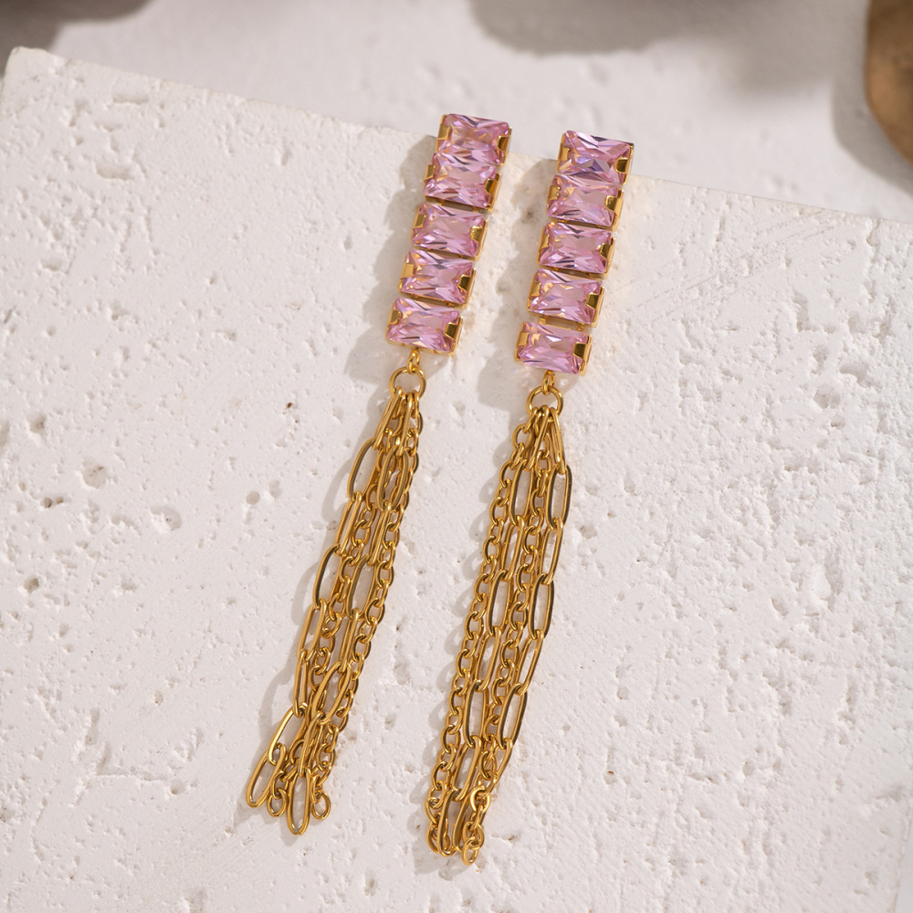 1 Paire De Boucles D'Oreilles Pendantes Luxueuses À Pompons, En Acier Inoxydable Étanche, Couleur Or Et Zircon. Image3