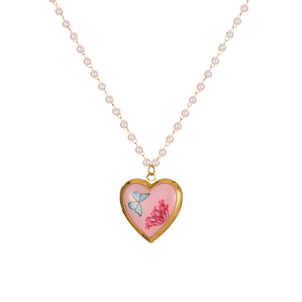 Collier Pendentif Femme En Acier Inoxydable Doré, Motif Cœur Et Fleur (1 Pièce) Image5