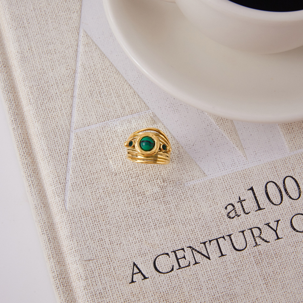 Bague Classique En Acier Inoxydable Doré, Ornée De Lignes De Malachite, Pour Femme. Image5