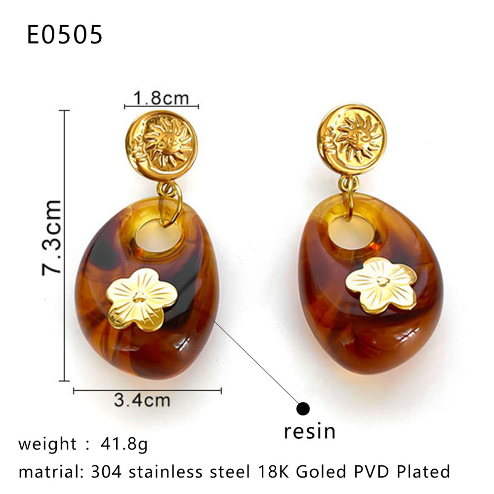 1 Paire De Boucles D'Oreilles Pendantes En Résine Couleur Or Avec Fleur En Forme De Goutte Image2