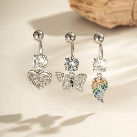 Piercing de nombril en cuivre et zircon, 1 pièce, cœur et papillon