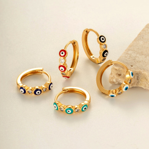 Boucles D'Oreilles Créoles Pour Femme, Motif Œil, Cuivre, Or, Zircone h5 Image4