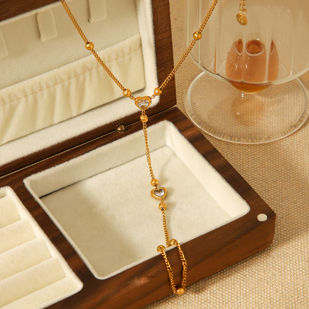 Bracelet À Maillons Pour Femme, En Acier Inoxydable, Couleur Or, Orné D'Un Zircon Et Orné D'Un Cœur Simple (1 Pièce). Image5