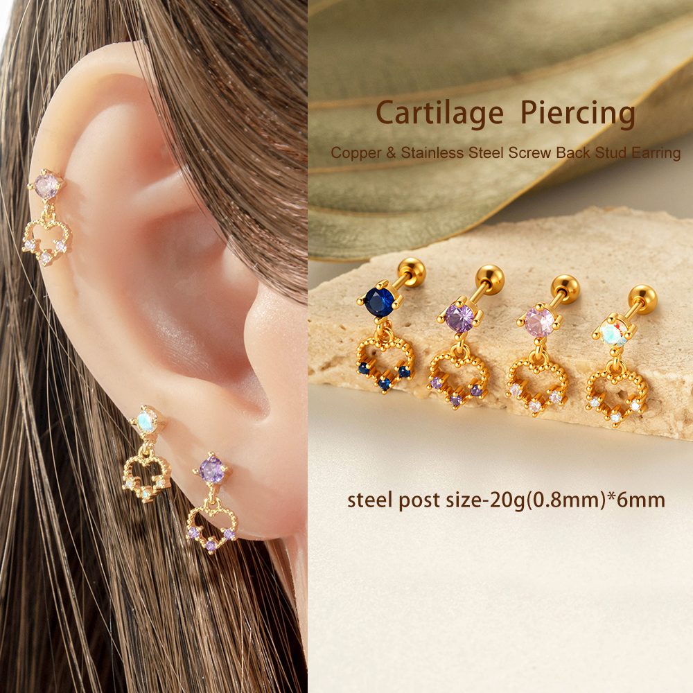 Boucle D'Oreille Piercing En Forme De Cœur En Cuivre Doré Et Zircon h5Image4