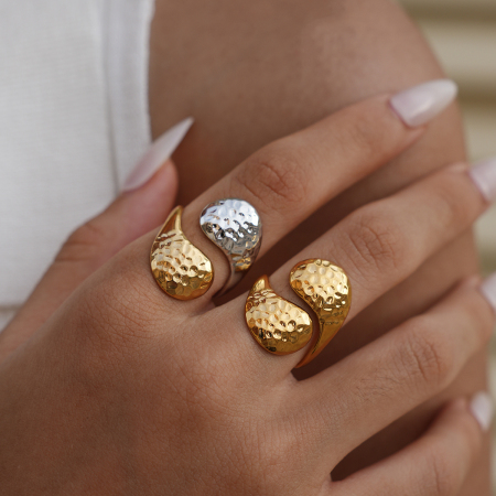 Bague femme simple, forme irrégulière, motif martelé, en acier inoxydable étanche 2