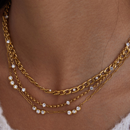 Collier chaîne femme sophistiqué à spirale en acier inoxydable, étanche, couleur or, orné de zircon (1 pièce)