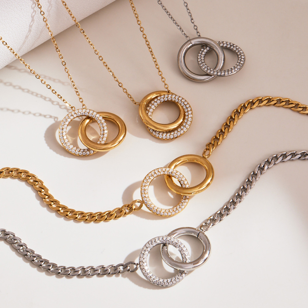 Ensembles De Bijoux Pour Femmes En Acier Inoxydable Imperméable À Double Cercle Simple Et Zircon Doré Image3