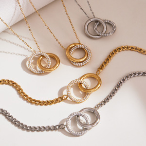 Ensembles De Bijoux Pour Femmes En Acier Inoxydable Imperméable À Double Cercle Simple Et Zircon Doré h5 Image3