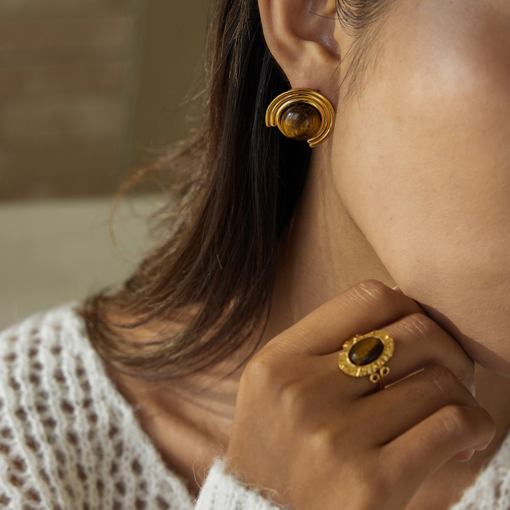 1 Paire De Boucles D'Oreilles Puces Classiques Ornées De Pierres Naturelles, En Acier Inoxydable Étanche, Couleur Or. Image5