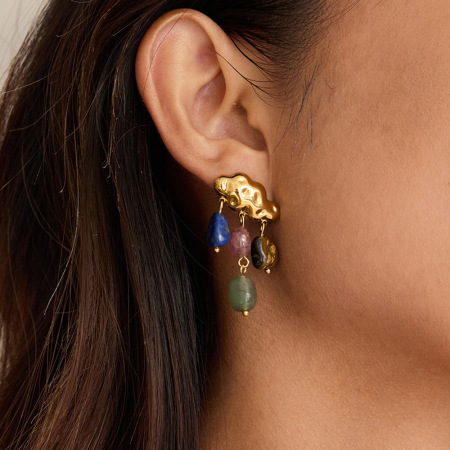 Boucles d'oreilles pendantes pour femme, en acier inoxydable doré, ornées d'une pierre naturelle et d'un motif nuage. 1 paire 2