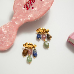Boucles D'Oreilles Pendantes Pour Femme, En Acier Inoxydable Doré, Ornées D'Une Pierre Naturelle Et D'Un Motif Nuage. 1 Paire h5 Image5