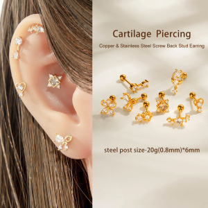 Boucle D'Oreille Piercing En Forme De Cœur Et De Fleur En Cuivre Doré Et Zircon h5 Image4