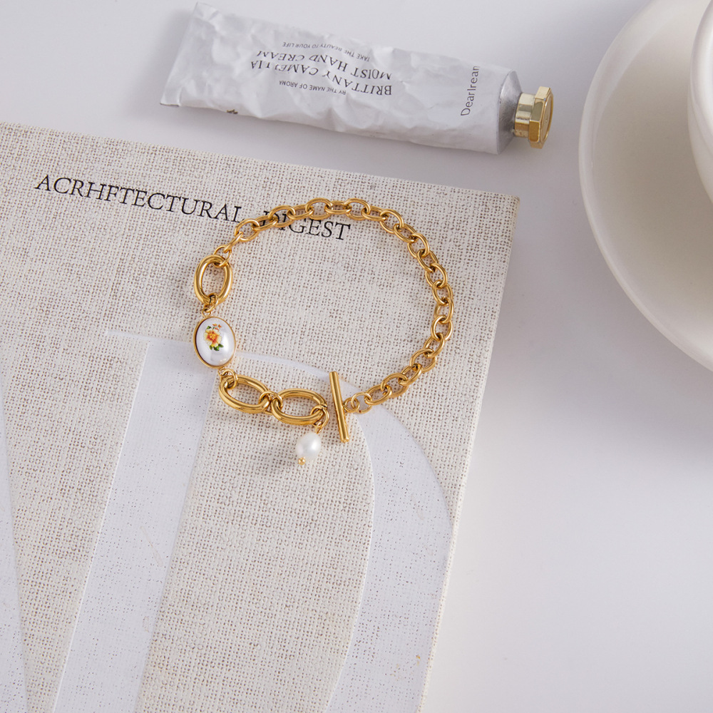 Bracelet Chaîne Rétro À Fleurs En Acier Inoxydable Étanche Couleur Or Pour Femme (1 Pièce) Image4