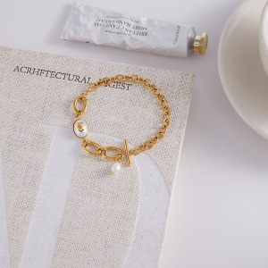 Bracelet Chaîne Rétro À Fleurs En Acier Inoxydable Étanche Couleur Or Pour Femme (1 Pièce) h5 Image4