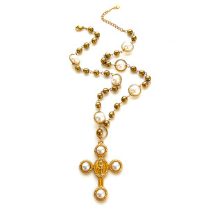 Collier De Perles Artificielles Couleur Or, 1 Pièce, Croix h5 