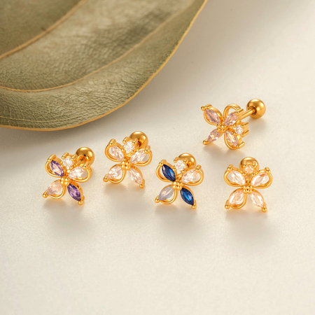 Boucle d'oreille piercing fleur cuivre or zircon 1 pièce