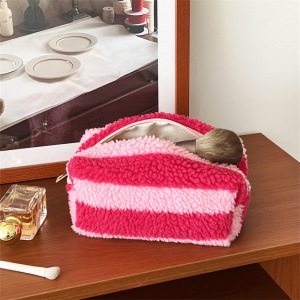 Trousse De Maquillage Simple Et Classique En Peluche À Rayures Rouges Pour Femme, 1 Pièce h5 Image4