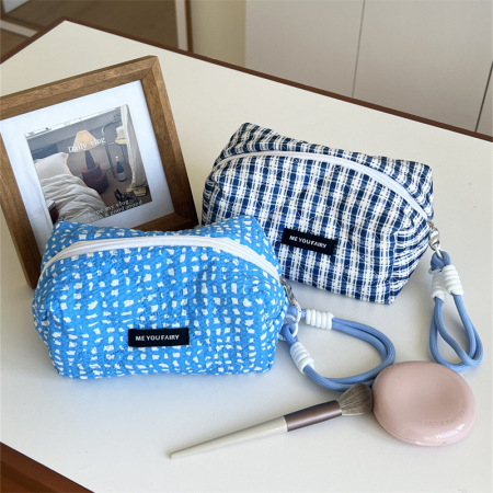 Trousse de maquillage pour femme à carreaux bleu clair, 1 pièce