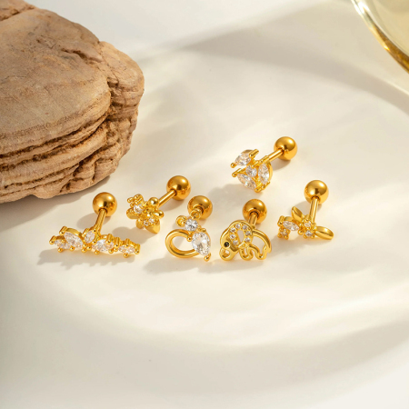 Boucle d'oreille piercing en forme de fleur, couleur cuivre et or, zircone