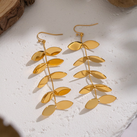 Boucles d'oreilles pendantes en acier inoxydable doré, étanches, en forme de feuille (1 paire)
