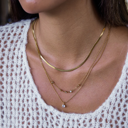 Collier à plusieurs rangs pour femme, en acier inoxydable doré, orné d'un zircon, style moderne rond et étanche (1 pièce)