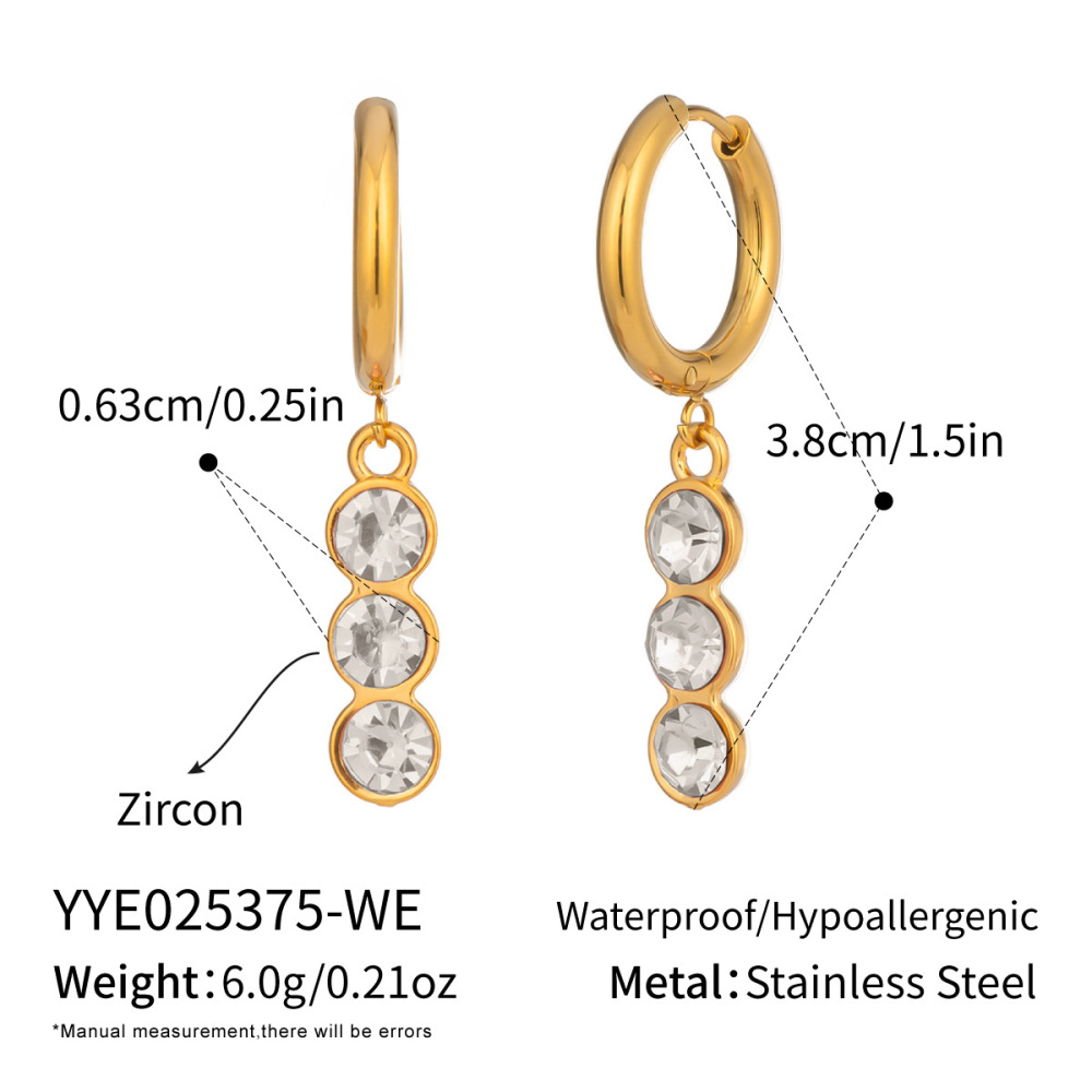 1 Paire De Boucles D'Oreilles Pendantes En Acier Inoxydable Étanche, Couleur Or, Avec Zircon.