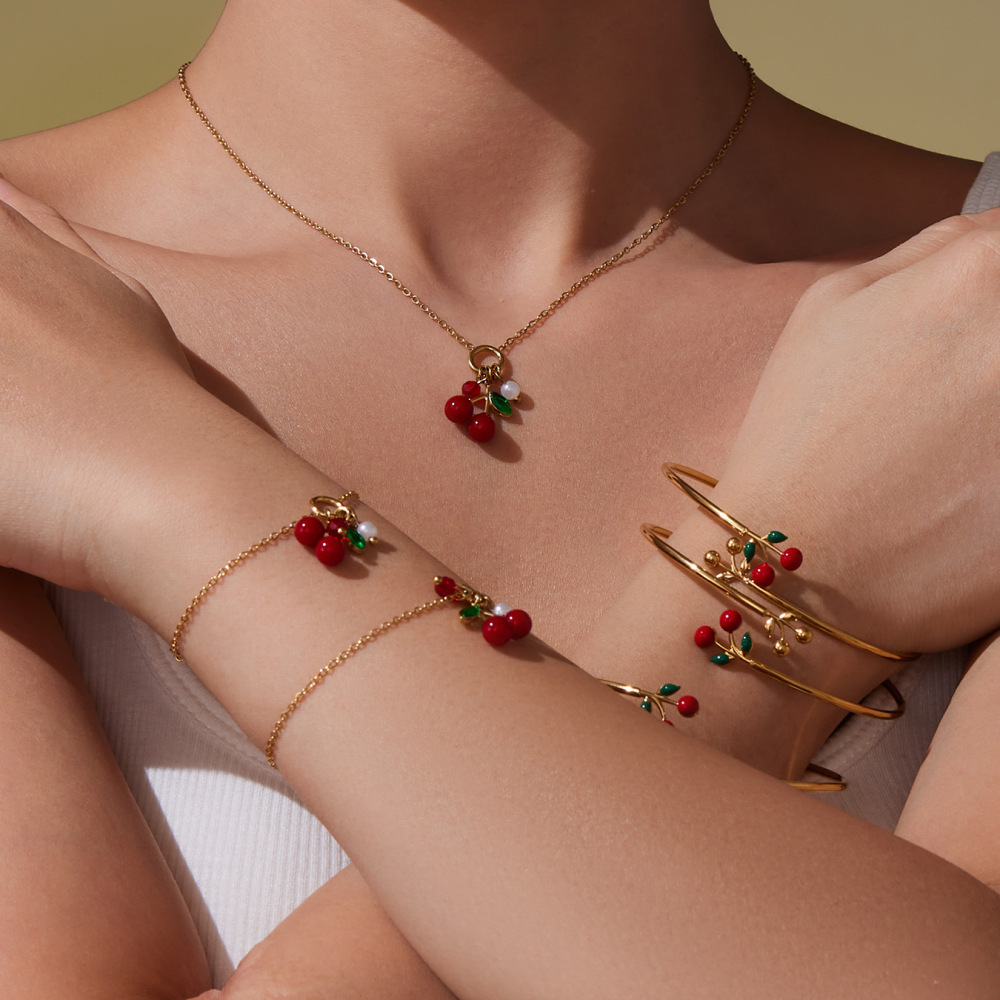 Ensembles De Bijoux Fantaisie Pour Femmes En Acier Inoxydable, Imperméables, Couleur Or Et Zircon, Avec Motif Cerise. Image5
