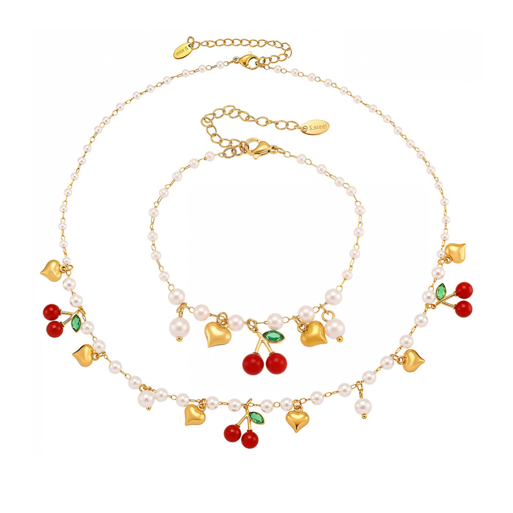 Ensembles De Bijoux Fantaisie Pour Femmes En Acier Inoxydable, Couleur Or, Motif Cœur Et Cerise Image6