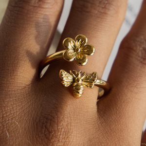 Bague Tendance En Acier Inoxydable Doré, Ornée D'Une Fleur Et D'Une Abeille Naturelles (1 Pièce). h5 Image2