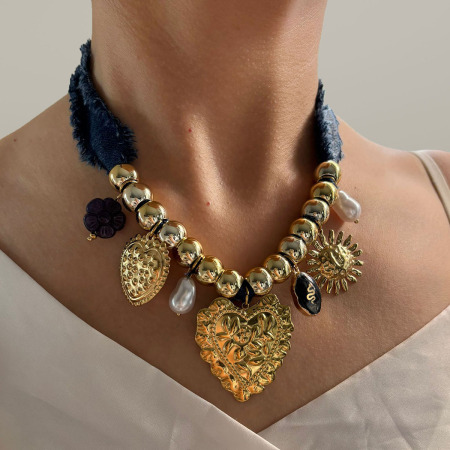 Collier pendentif rétro en forme de cœur et de soleil couleur or, 1 pièce