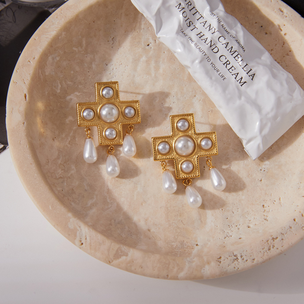 Boucles D'Oreilles Pendantes Pour Femme, En Acier Inoxydable Doré, Imperméables, Avec Pendentif Croix Et Goutte D'Eau (1 Paire). Image7