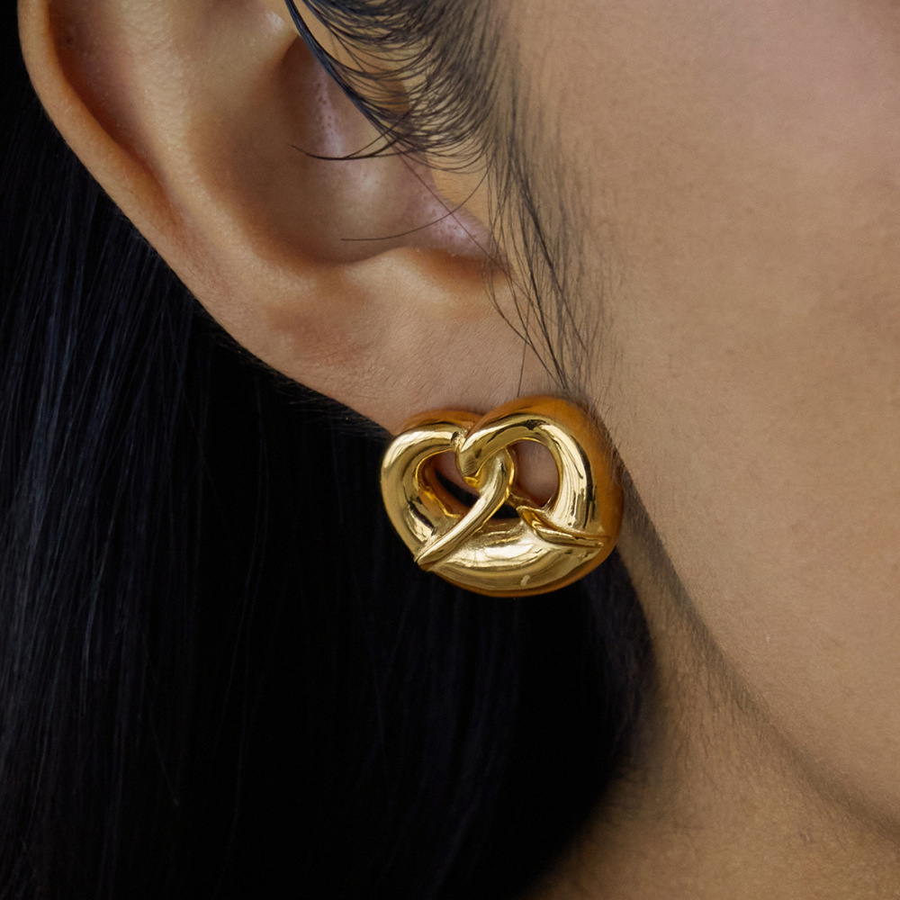 Boucles D'Oreilles Puces Pour Femme, En Acier Inoxydable Doré, Imperméables, En Forme De Bretzel (1 Paire). Image6
