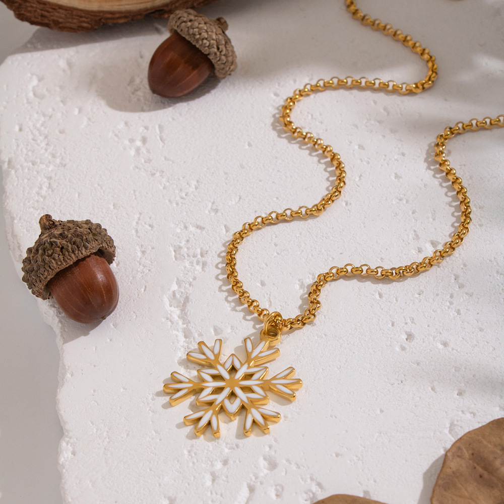 Collier Pendentif Flocon De Neige En Acier Inoxydable Étanche Couleur Or (1 Pièce) h5Image4