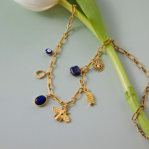 Collier Pendentif Femme Luxueux En Acier Inoxydable, Couleur Or, Orné D'Une Abeille En Lapis-Lazuli Et D'Un Bijou En Abeille. h5 Image4