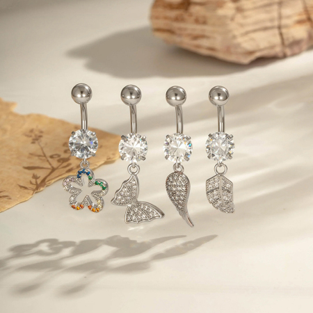 Piercing de nombril 1 pièce en cuivre et zircon, motif papillon et fleur